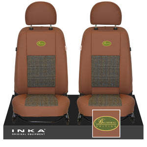 Land Rover Defender L316 INKA Tan Leatherette & Harris Tweed Front Pair Tailored Seat Covers MY07-16 With Embroidery