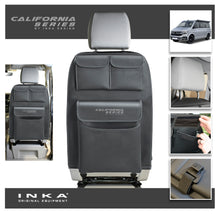 Load image into Gallery viewer, VW California T6.1,T6,T5 Inka Seatstor Seat Storage Three Pocket Organsier Tidy Black Leatherette With bespoke &quot; California Series&quot; embroidery
