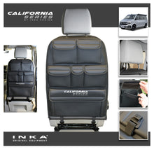 Load image into Gallery viewer, VW California T6.1,T6,T5 Inka Seatstor Seat Storage Six Pocket Organsier Tidy Black Leatherette With bespoke &quot; California Series&quot; embroidery
