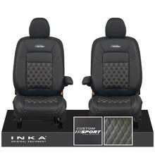 Load image into Gallery viewer, All New Ford Transit Custom Front 1+1 CUSTOM SPORT INKA Bentley Leatherette Tailored Seat Covers Black MY-2024 (Choice of 7 Colours)

