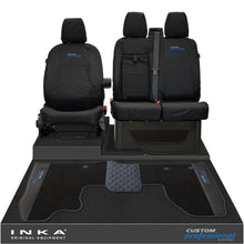 Load image into Gallery viewer, Ford Transit Custom MK1 Front 1+2 Tailored Waterproof Seat Covers &amp; Tailored Leatherette Floor Mat Black MY-12-23 (Choice of 7 Colours)- Custom Professional Embroidery
