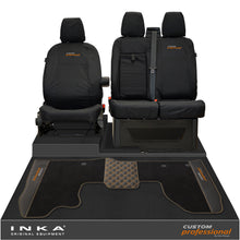Load image into Gallery viewer, Ford Transit Custom MK1 Front 1+2 Tailored Waterproof Seat Covers &amp; Tailored Leatherette Floor Mat Black MY-12-23 (Choice of 7 Colours)- Custom Professional Embroidery
