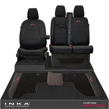 Load image into Gallery viewer, Ford Transit Custom MK1 Front 1+2 Tailored Waterproof Seat Covers &amp; Tailored Leatherette Floor Mat Black MY-12-23 (Choice of 7 Colours)- Custom Professional Embroidery

