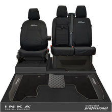 Load image into Gallery viewer, Ford Transit Custom MK1 Front 1+2 Tailored Waterproof Seat Covers &amp; Tailored Leatherette Floor Mat Black MY-12-23 (Choice of 7 Colours)- Custom Professional Embroidery
