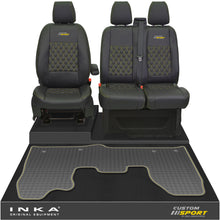 Load image into Gallery viewer, Ford Transit Custom MK1 Front 1+2 Bentley Diamond Quilt Leatherette Tailored Seat Covers &amp; Tailored Rubber Mat Black MY-12-23 (Choice of 7 Colours) - Custom Sport Embroidery
