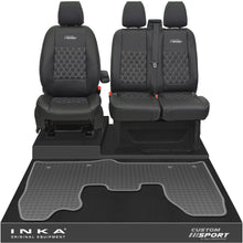 Load image into Gallery viewer, Ford Transit Custom MK1 Front 1+2 Bentley Diamond Quilt Leatherette Tailored Seat Covers &amp; Tailored Rubber Mat Black MY-12-23 (Choice of 7 Colours) - Custom Sport Embroidery
