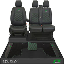 Load image into Gallery viewer, Ford Transit Custom Front 1+2 Bentley Diamond Quilt Tailored Seat Covers &amp; Matching Tailored Floor Mat Black MY2012-23 - R-SPORT Embroidery
