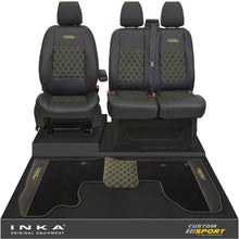 Load image into Gallery viewer, Ford Transit Custom Front 1+2 Bentley Diamond Quilt Tailored Seat Covers &amp; Matching Tailored Floor Mat Black MY2012-23 - Custom Sport Embroidery
