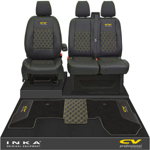 Ford Transit MK8/MK9 Front 1+2 Bentley Diamond Quilt Tailored Seat Covers & Matching Tailored Floor Mat Black MY2014 Onwards