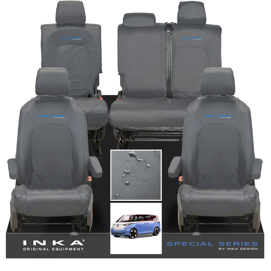 VW ID Buzz Life, Style, GTX Front & Rear Full Set INKA Tailored Waterproof Seat Covers Grey with Embroidery MY22 onwards