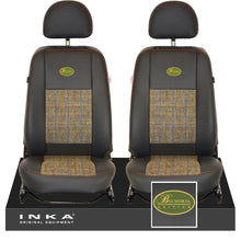Load image into Gallery viewer, Land Rover Defender L316 INKA Front 1+1 Tailored Leatherette Seat Covers Ebony Black &amp; Harris Tweed MY07-16 With Embroidery
