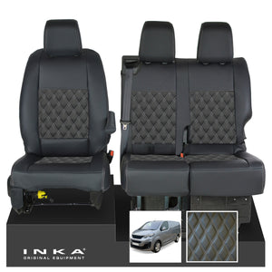 Peugeot Expert INKA Front 1+2 Bentley Diamond Quilt Leatherette Tailored Seat Covers Black MY16 To Present