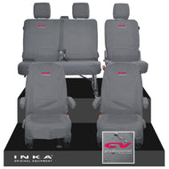 VW Transporter T6.1, T6, T5.1 Front 1+1 & Rear 2+1 Tailored Waterproof Seat Covers Grey MY 10-24 - CV-Series Embroidery