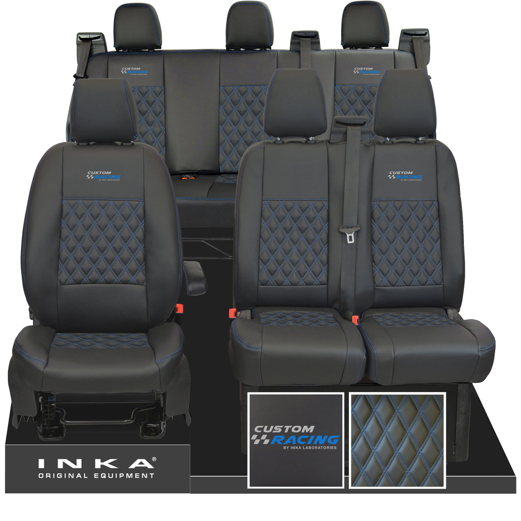 Ford Transit Custom Racing Embroidery INKA Front 1+2 & Rear Triple Tailored Leatherette Bentley Diamond Quilt Seat Covers Black MY12-23