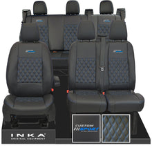 Load image into Gallery viewer, Ford Transit Custom Sport Embroidery INKA Front 1+2 &amp; Rear Triple Tailored Leatherette Bentley Diamond Quilt Seat Covers Black MY12-23
