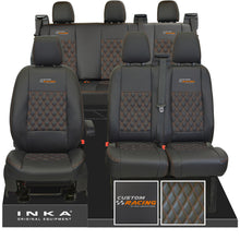 Load image into Gallery viewer, Ford Transit Custom Racing Embroidery INKA Front 1+2 &amp; Rear Triple Tailored Leatherette Bentley Diamond Quilt Seat Covers Black MY12-23
