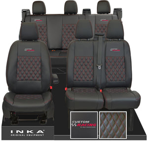 Ford Transit Custom Racing Embroidery INKA Front 1+2 & Rear Triple Tailored Leatherette Bentley Diamond Quilt Seat Covers Black MY12-23