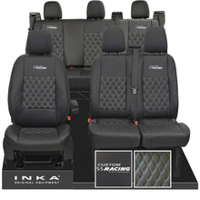 Load image into Gallery viewer, Ford Transit Custom Racing Embroidery INKA Front 1+2 &amp; Rear Triple Tailored Leatherette Bentley Diamond Quilt Seat Covers Black MY12-23
