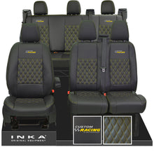 Load image into Gallery viewer, Ford Transit Custom Racing Embroidery INKA Front 1+2 &amp; Rear Triple Tailored Leatherette Bentley Diamond Quilt Seat Covers Black MY12-23
