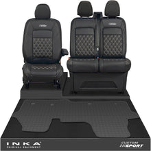 Load image into Gallery viewer, All New Ford Transit Custom Front 1+2 Bentley Diamond Quilt Leatherette Tailored Seat Covers &amp; Tailored Rubber Mat Black MY-2024 (Choice of 7 Colours) - Custom Sport Embroidery
