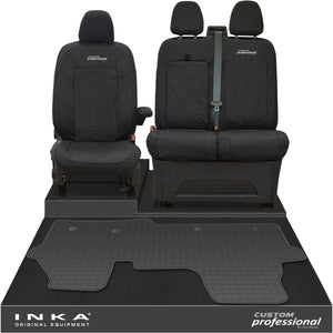 The All New Ford Transit Custom Front 1+2 Tailored Waterproof Seat Covers & Tailored Rubber Mat Black MY 2024+(Choice of 7 Colours)