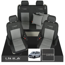 Load image into Gallery viewer, VW California T6.1, T6, T5.1, T5 Ocean, Coast, Beach, SE, Surf INKA Tailored Front &amp; Rear Seat Covers Set Second Skin Black With Grey Vision centres With Embroidery  MY14 Onwards
