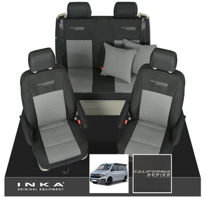 VW California T6.1, T6, T5.1, T5 Ocean, Coast, Beach, SE, Surf INKA Tailored Front & Rear Seat Covers Set Second Skin Black With Grey Vision centres With Embroidery  MY14 Onwards