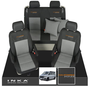 VW California T6.1, T6, T5.1, T5 Ocean, Coast, Beach, SE, Surf INKA Tailored Front & Rear Seat Covers Set Second Skin Black With Grey Vision centres With Embroidery  MY14 Onwards