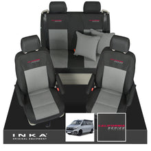 Load image into Gallery viewer, VW California T6.1, T6, T5.1, T5 Ocean, Coast, Beach, SE, Surf INKA Tailored Front &amp; Rear Seat Covers Set Second Skin Black With Grey Vision centres With Embroidery  MY14 Onwards
