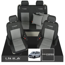 Load image into Gallery viewer, VW California T6.1, T6, T5.1, T5 Ocean, Coast, Beach, SE, Surf INKA Tailored Front &amp; Rear Seat Covers Set Second Skin Black With Grey Vision centres With Embroidery  MY14 Onwards
