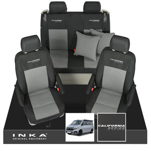 VW California T6.1, T6, T5.1, T5 Ocean, Coast, Beach, SE, Surf INKA Tailored Front & Rear Seat Covers Set Second Skin Black With Grey Vision centres With Embroidery  MY14 Onwards