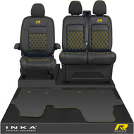New VW Transporter T7 Panel Van Front 1+2 Bentley Diamond Quilt Leatherette Tailored Seat Covers & Tailored Rubber Mat Black MY25 Onwards R Series Embroidery