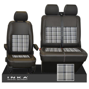 VW Transporter T6.1, T6, T5.1 Front 1+2 INKA Leatherette Tartan Tailored Seat Covers Black Fits Panel Van & Kombi