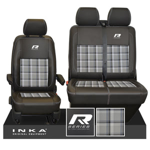 New VW Transporter T6.1, T6, T5.1 Front 1+2 R-Series INKA Leatherette Tartan Tailored Seat Covers Black Fits Panel Van & Kombi