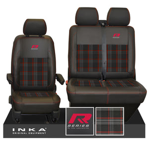 New VW Transporter T6.1, T6, T5.1 Front 1+2 R-Series INKA Leatherette Tartan Tailored Seat Covers Black Fits Panel Van & Kombi