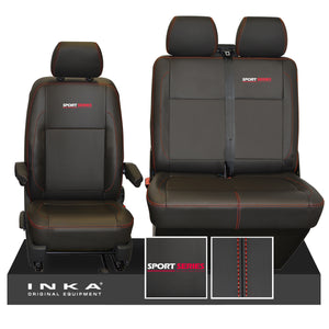 VW Transporter T6.1, T6, T5.1 Sport-Series Front 1+2 INKA Leatherette Tailored Seat Covers Black Fits Panel Van & Kombi