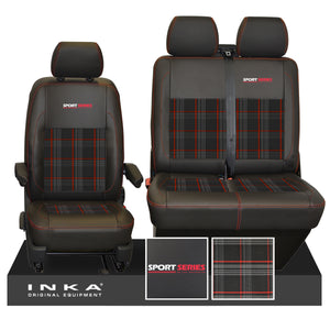 New VW Transporter T6.1, T6, T5.1 Front 1+2 Sport-Series INKA Leatherette Tartan Tailored Seat Covers Black Fits Panel Van & Kombi