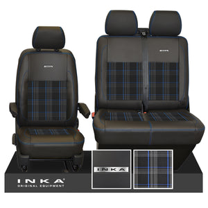 New VW Transporter T6.1, T6, T5.1 Front 1+2 INKA Steel Badge Leatherette Tartan Tailored Seat Covers Black Fits Panel Van & Kombi