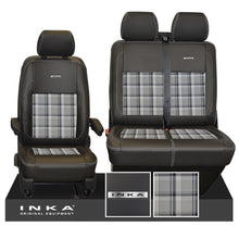 Load image into Gallery viewer, New VW Transporter T6.1, T6, T5.1 Front 1+2 INKA Steel Badge Leatherette Tartan Tailored Seat Covers Black Fits Panel Van &amp; Kombi
