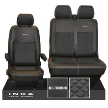 Load image into Gallery viewer, VW Transporter T6.1, T6, T5.1 Front 1+2 INKA Steel Badge Leatherette Suedetara Tailored Seat Covers Black Fits Panel Van &amp; Kombi
