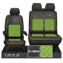 Load image into Gallery viewer, VW Transporter T6.1, T6, T5.1 Front 1+2 INKA Steel Badge Leatherette Suedetara Tailored Seat Covers Black Fits Panel Van &amp; Kombi
