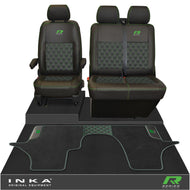 New VW Transporter T6.1, T6, T5.1 Front 1+2 Bentley Diamond Quilt Tailored Leatherette Seat Covers & Matching Tailored Floor Mat Black - R-Series Embroidery
