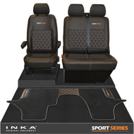 New VW Transporter T6.1, T6, T5.1 Front 1+2 Bentley Diamond Quilt Tailored Leatherette Seat Covers & Matching Tailored Floor Mat Black - Sport-Series Embroidery