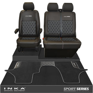 New VW Transporter T6.1, T6, T5.1 Front 1+2 Bentley Diamond Quilt Tailored Leatherette Seat Covers & Matching Tailored Floor Mat Black