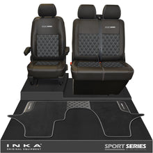 Load image into Gallery viewer, New VW Transporter T6.1, T6, T5.1 Front 1+2 Bentley Diamond Quilt Tailored Leatherette Seat Covers &amp; Matching Tailored Floor Mat Black - Sport-Series Embroidery
