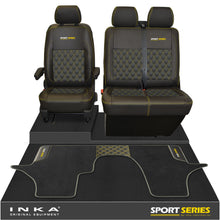 Load image into Gallery viewer, New VW Transporter T6.1, T6, T5.1 Front 1+2 Bentley Diamond Quilt Tailored Leatherette Seat Covers &amp; Matching Tailored Floor Mat Black - Sport-Series Embroidery
