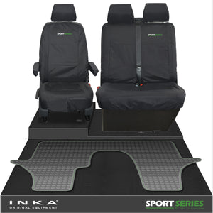 VW Transporter T6.1,T6,T5.1 INKA Front 1+2 Tailored Waterproof Seat Covers & Tailored Rubber Floor Mat Black