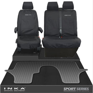 VW Transporter T6.1,T6,T5.1 INKA Front 1+2 Tailored Waterproof Seat Covers & Tailored Rubber Floor Mat Black