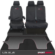 VW Transporter T6.1,T6,T5.1 INKA Front 1+2 Tailored Waterproof Seat Covers & Tailored Rubber Floor Mat Black - Sport-Series Embroidery