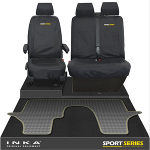 VW Transporter T6.1,T6,T5.1 INKA Front 1+2 Tailored Waterproof Seat Covers & Tailored Rubber Floor Mat Black